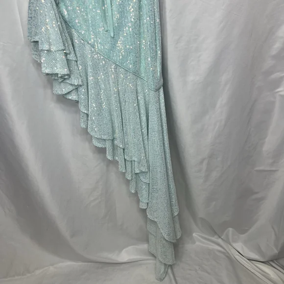 Mac Duggal A11274 Aqua Sequined Halter Cut Out Ruffle Asymmetrical Dress Size 4